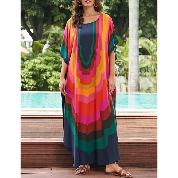 🆕Women's A-Colored Geometry Kaftan Dress V Neck Swimsuit Cover-Up Loungewear - Picture 2 of 7